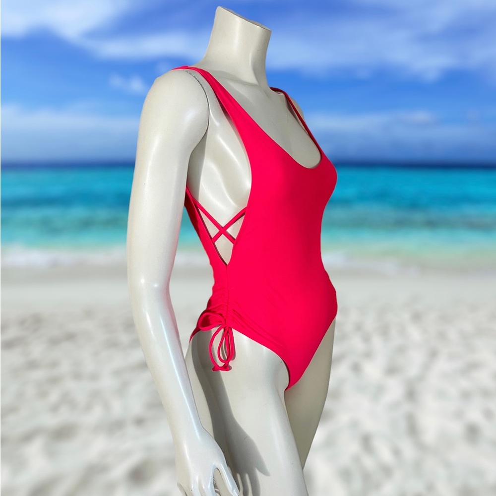 ISLAND LOVE | 1-Piece Hot Pink Clinched Ruched Hip String Ties Bathing-Suit